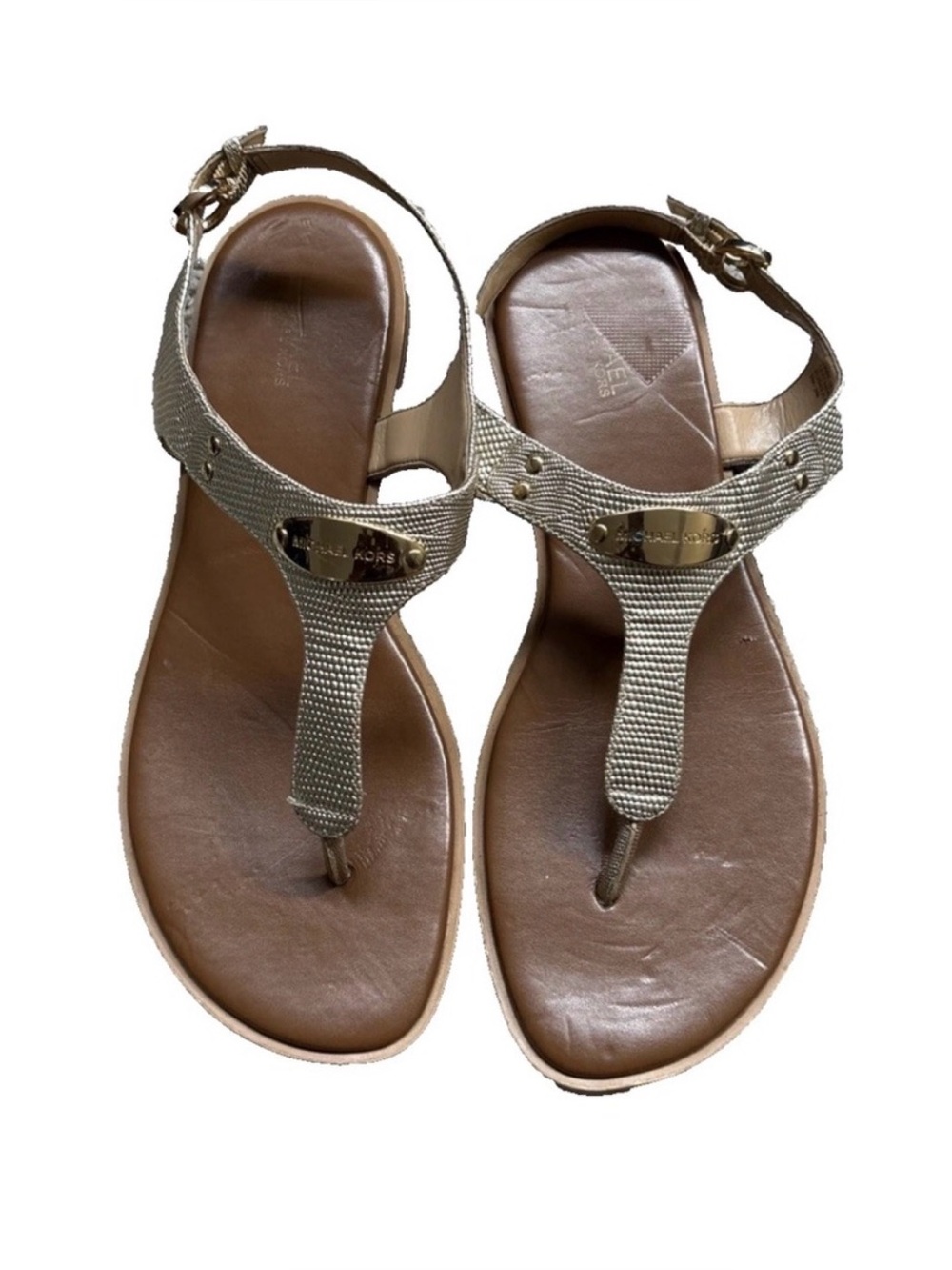 Michael Kors Metallic Gold T-Strap Leather Sandals size 9 m - Picture 1 of 16